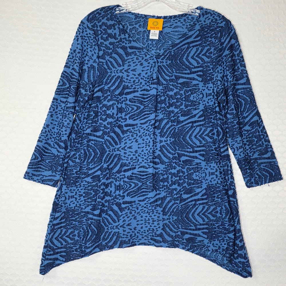 Ruby Rd Womens Blue Animal Print Burnout Sharkbite Hem Tunic Top V-Neck Small